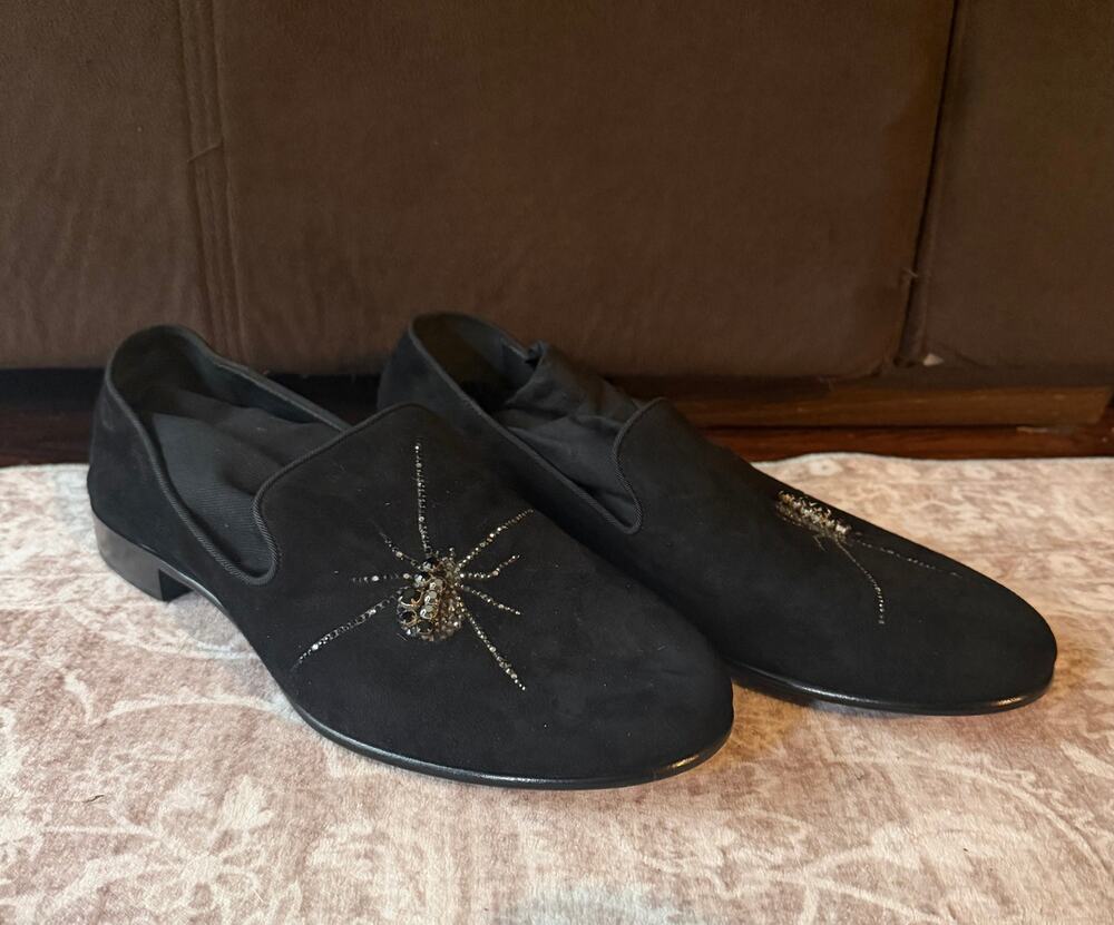 $1,295 NEW Giuseppe Zanotti Black Velvet Crystal Spider Smoking Loafers 7(40)